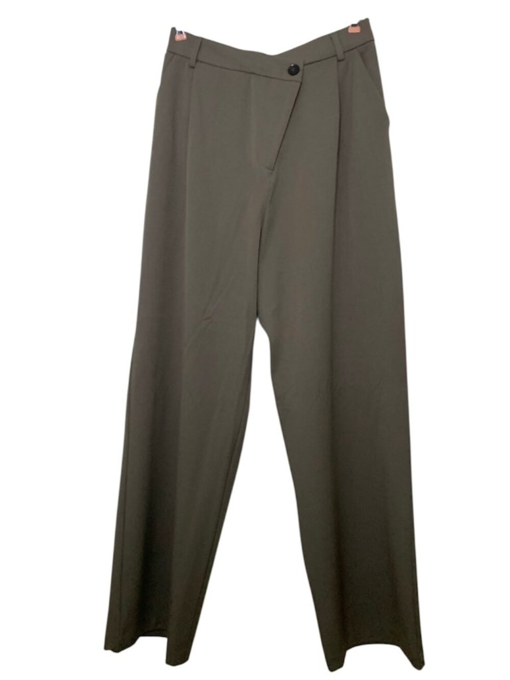 Zara Asymmetric Wide-Leg Pleated Trousers, Olive/Sage Sz L